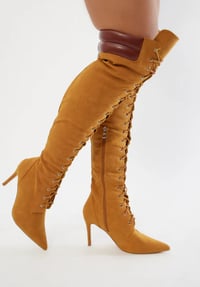 Image 1 of Pointed thigh high lace up boots