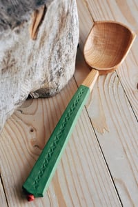 Image 2 of Large green hand carved cherry wood cooking and serving spoon 