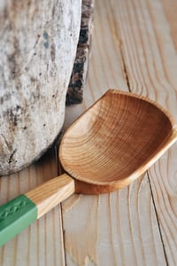 Image 3 of Large green hand carved cherry wood cooking and serving spoon 