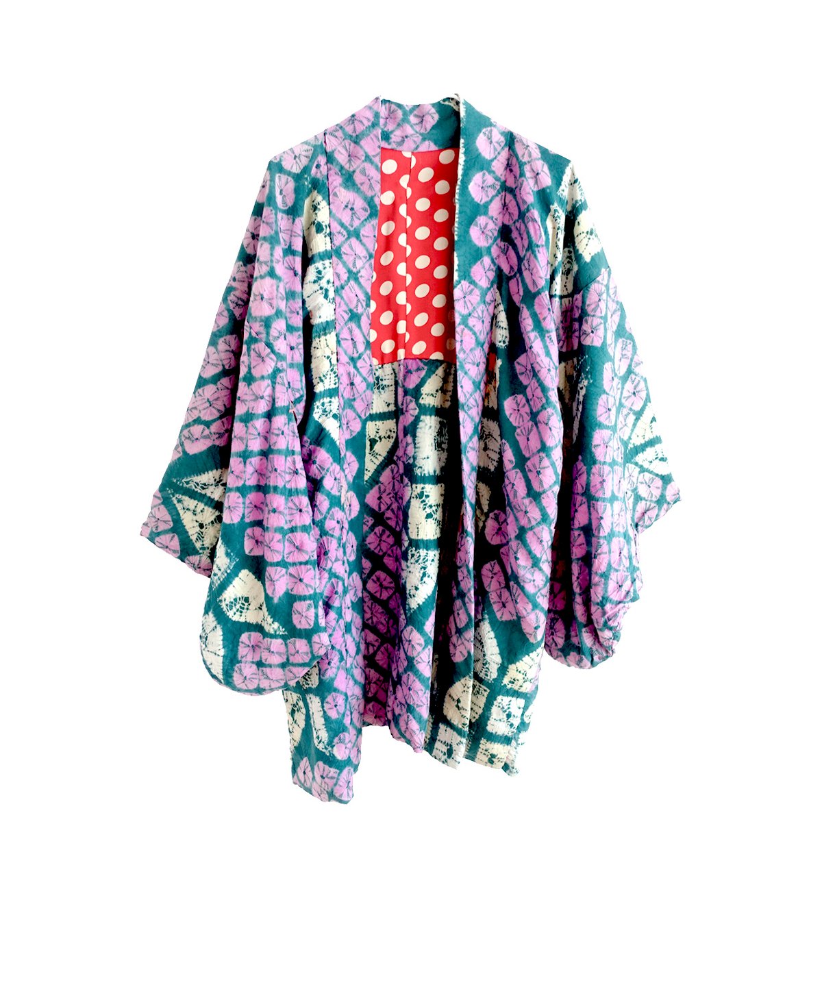 Image of Kort kimono af silke med håndindfarvede shibori mønster