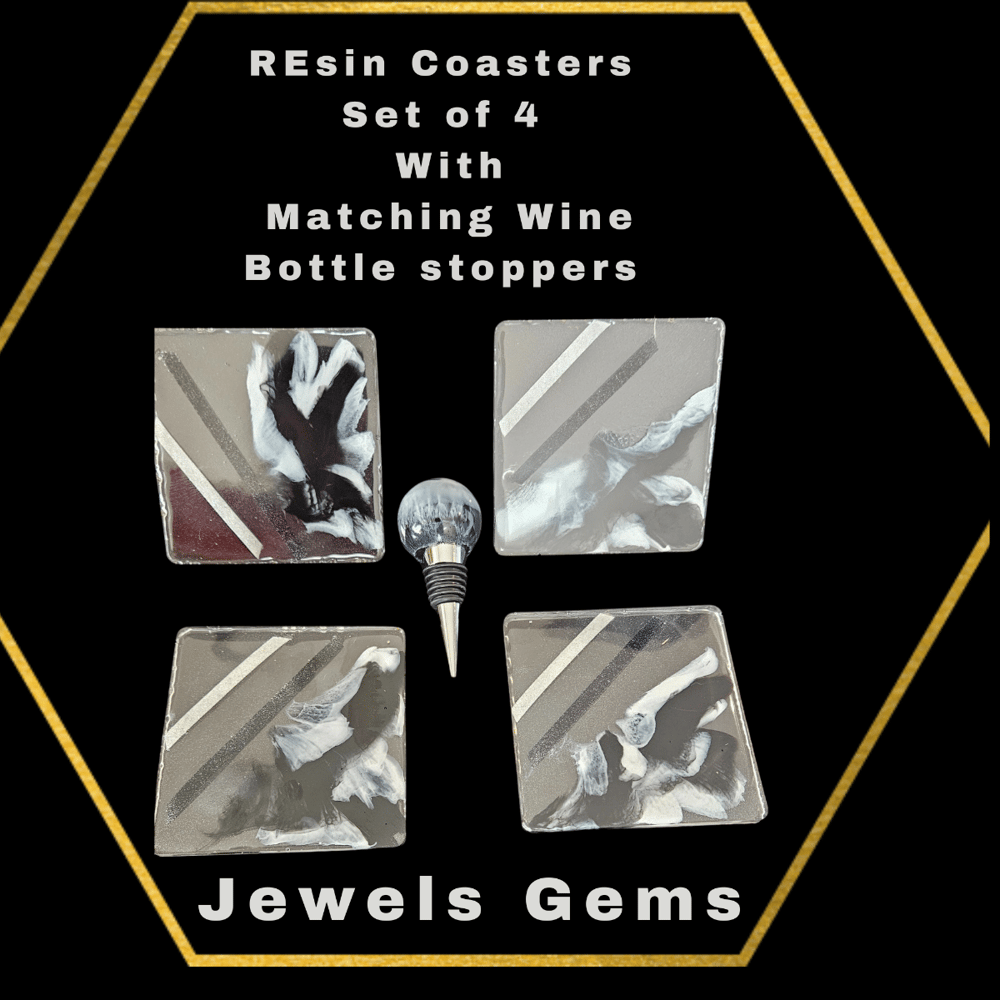 Image of Resin Square Coaster set of 4 paired with matching wine bottle stopper 