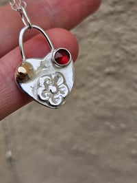 Image 2 of Sterling silver flower and heart Necklace- with 9ct Gold and Garnet 