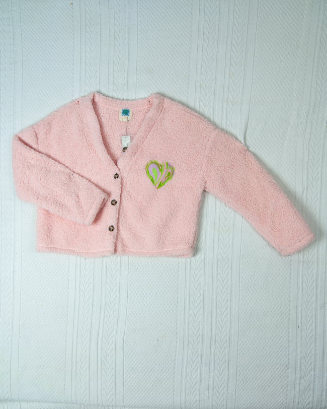 Upcycled 3D Puffy Patch Heart Baby Pink Teddy Cardigan Sweater NWT