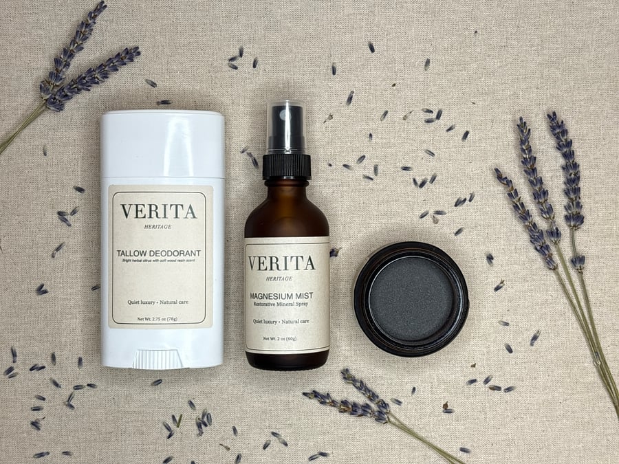 Verita Heritage tallow balm jar on eggshell background