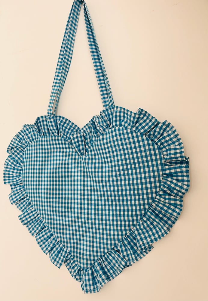 Image of Heart-Shaped Blue & White Gingham Bag with Matching Ruffle Trim
