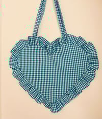 Image 2 of Heart-Shaped Blue & White Gingham Bag with Matching Ruffle Trim