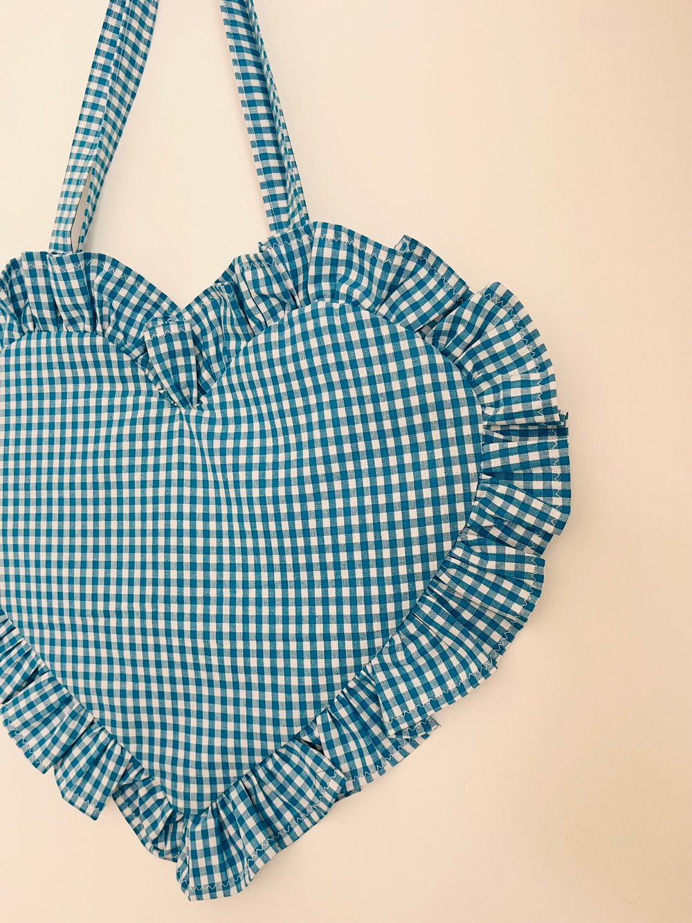Image of Heart-Shaped Blue & White Gingham Bag with Matching Ruffle Trim
