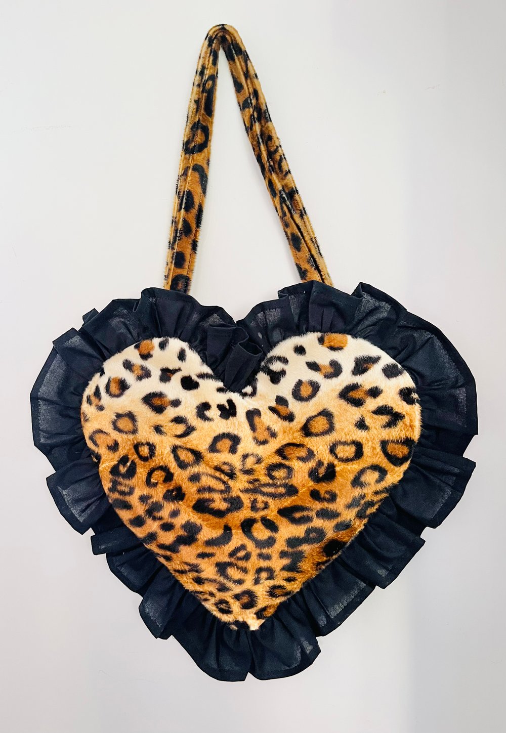 Image of Heart-Shaped Fur Leopard Print Bag with Black Ruffle Trim