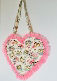 Image 1 of Heart-Shaped Vintage Kitsch Cats & Kittens Print Bag with Soft Pink Ruffle