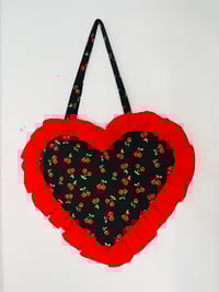Image 2 of Heart-Shaped Black & Red Cherry Bag with Red Ruffle Trim