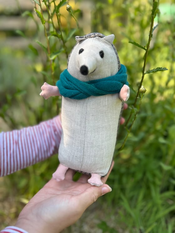 Image of Handmade toy linen and tweed hedgehog with lambswool scarf