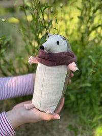 Image 2 of Handmade toy linen and tweed hedgehog with lambswool scarf