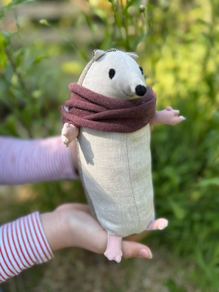 Image of Handmade toy linen and tweed hedgehog with lambswool scarf