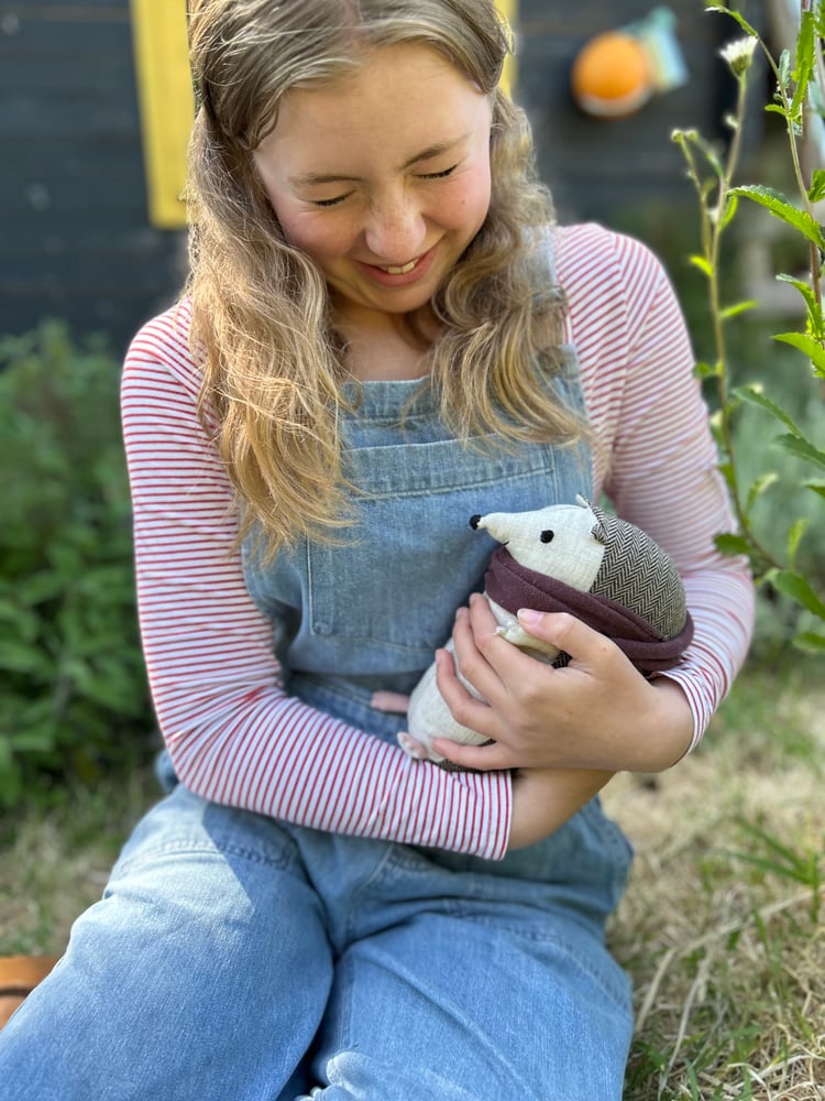 Image of Handmade toy linen and tweed hedgehog with lambswool scarf