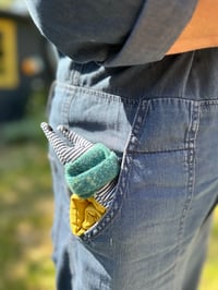 Image 3 of Small Handmade Yellow Linen Snail Wearing A Teal Woollen Scarf