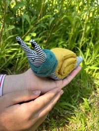 Image 1 of Small Handmade Yellow Linen Snail Wearing A Teal Woollen Scarf