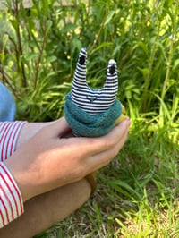 Image 4 of Small Handmade Yellow Linen Snail Wearing A Teal Woollen Scarf