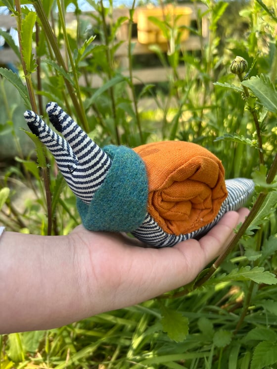 Image of Small Handmade Linen Snail Wearing A Woollen Scarf