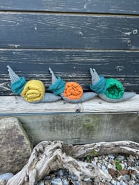 Image 2 of Small Handmade Yellow Linen Snail Wearing A Teal Woollen Scarf