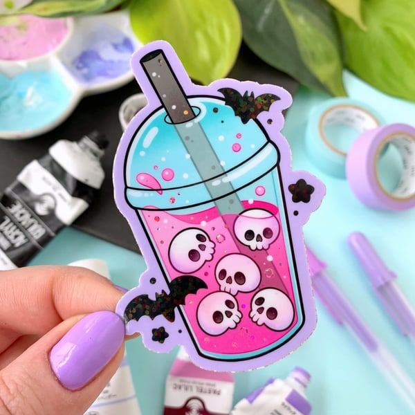 Image of GLITTER Pink Skull Boba STICKER