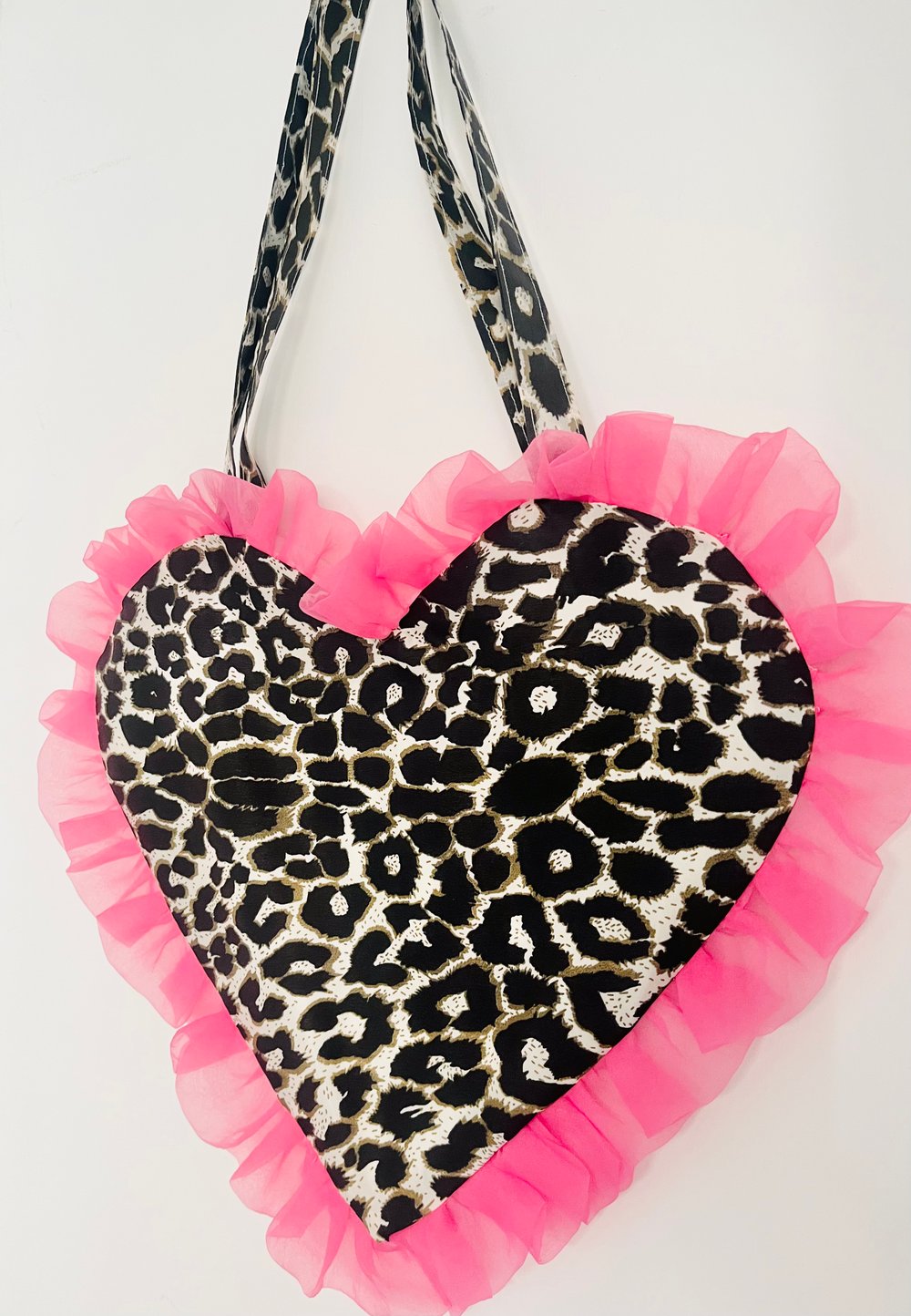 Image of White Leopard Print Heart Tote – Hot Pink Ruffle Statement Bag