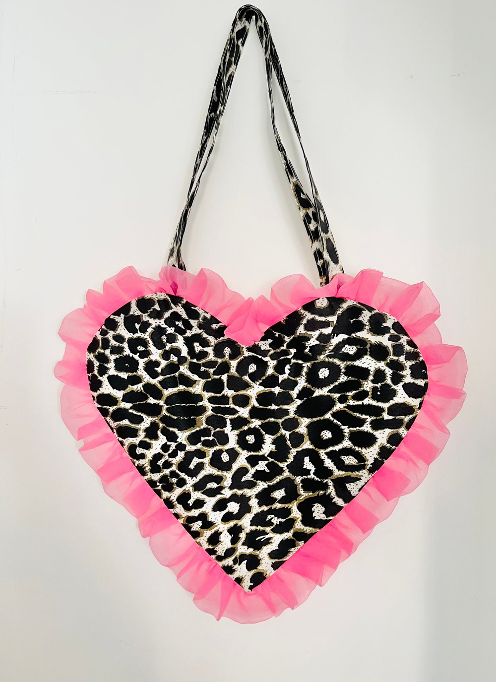 Image of White Leopard Print Heart Tote – Hot Pink Ruffle Statement Bag