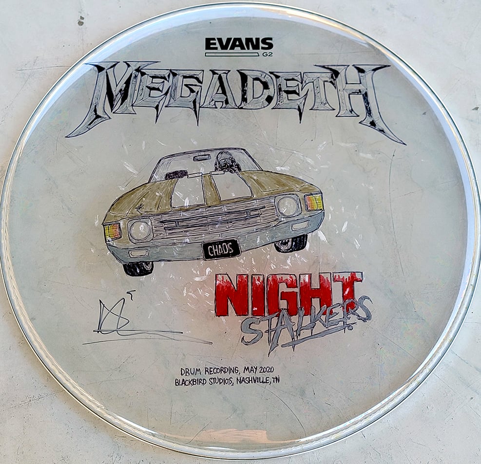 Image of Megadeth studio-used 16" drumhead - illustrated and signed by Dirk 