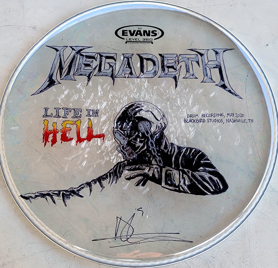 Image of Megadeth studio-used 13" drumhead - illustrated and signed by Dirk 