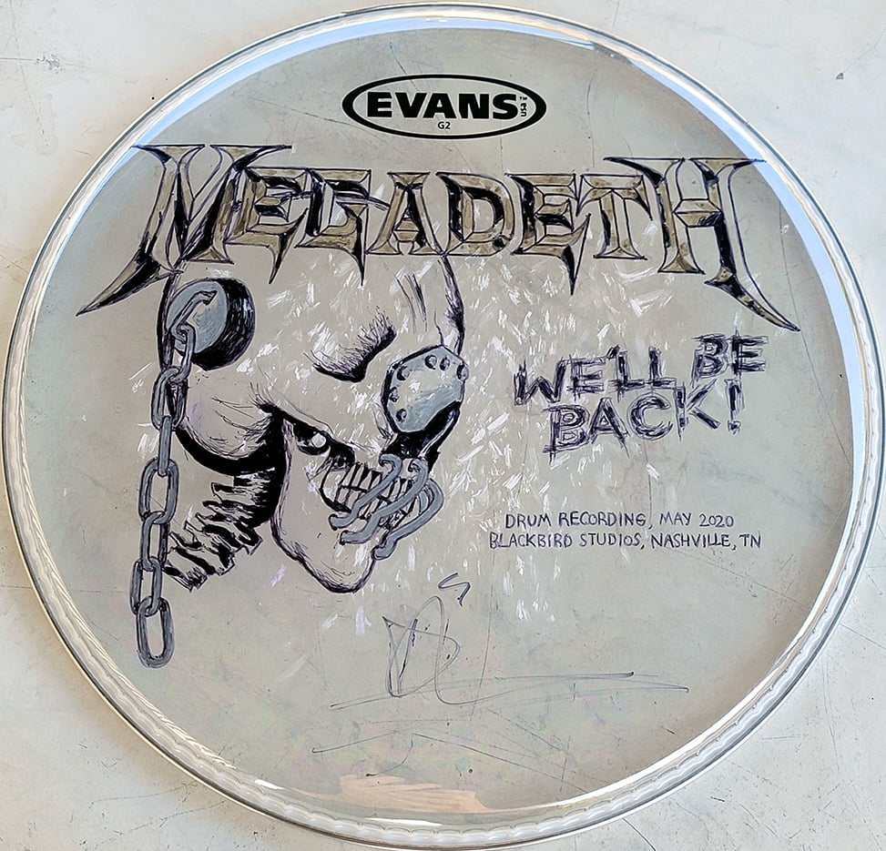 Image of Megadeth studio-used 12" drumhead - illustrated and signed by Dirk 