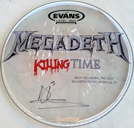 Image of Megadeth studio-used 10" drumhead - illustrated and signed by Dirk 