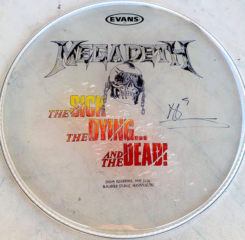 Image of Megadeth studio-used 18" drumhead - illustrated and signed by Dirk 