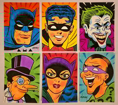 Image of BATMAN & ROBIN 6-piece GOLDEN AGE STYLE SKETCH CARD SET! 2.5x3.5 ea! JOKER PENGUIN RIDDLER CATWOMAN!