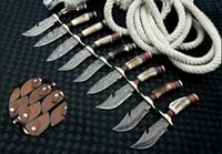 Image 1 of Set Of 10 Handmade Damascus Steel Skinner Knives With Leather Sheaths 