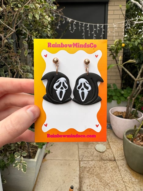 Ghost face Halloween polymer clay earrings by RainbowMindsCo – black and white spooky dangles handmade in Australia