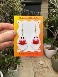 Boo-k Lover Polymer Clay Earrings- White Ghost with Red Book Dangles