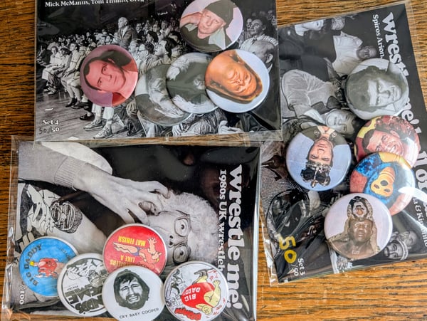 Image of All 3 of the 2025 Wrestle Me! Badge Sets