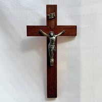 Image 1 of Grand Crucifix Antique  – Jésus Christ sur la Croix – Bronze doré & Chêne - 40 cm