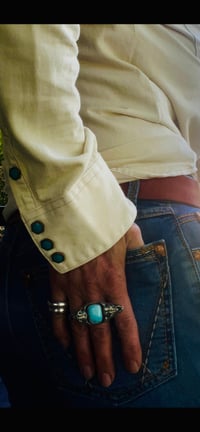 Image 2 of The Buffalo Ring - Double Buffalo Skull Thunderbird Turquoise Sterling 
