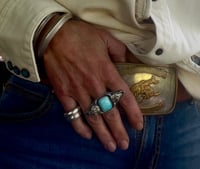 Image 1 of The Buffalo Ring - Double Buffalo Skull Thunderbird Turquoise Sterling 