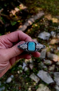 Image 4 of The Buffalo Ring - Double Buffalo Skull Thunderbird Turquoise Sterling 