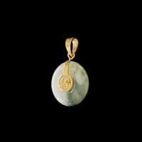 Image 2 of 10K Moss In Snow Jade Mini Fu Fuku Fortune Zhong Disc Pendant