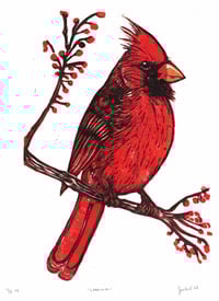 Image 2 of Cardinal Linocut Print 7.5 x 9.5" 