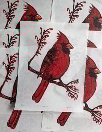 Image 4 of Cardinal Linocut Print 7.5 x 9.5" 