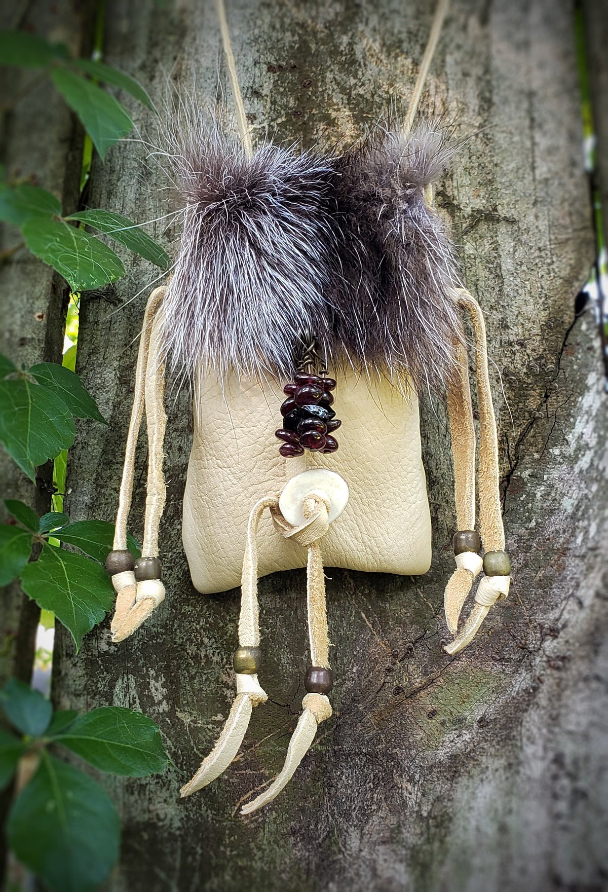 Image of Deerskin and Black Wolf Pouch with Gemstones