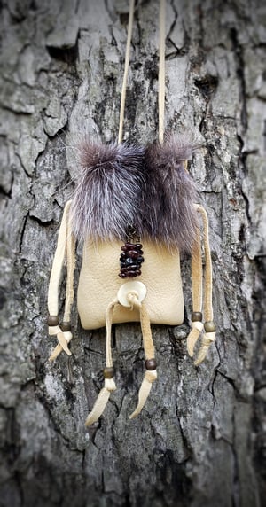 Image of Deerskin and Black Wolf Pouch with Gemstones