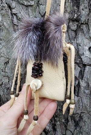 Image of Deerskin and Black Wolf Pouch with Gemstones