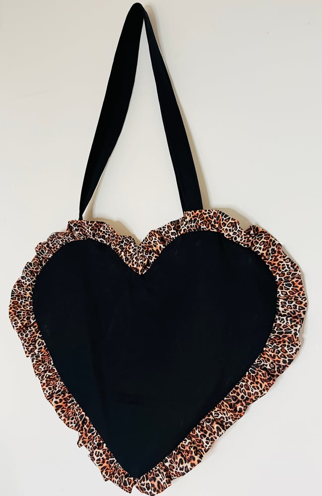 Image of Black Heart Tote with Leopard Print Ruffle – Y2K Statement Bag