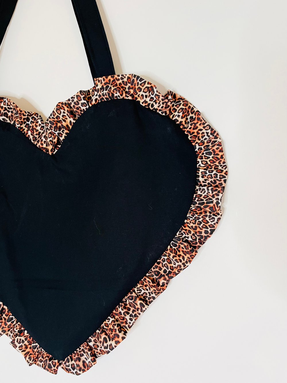 Image of Black Heart Tote with Leopard Print Ruffle – Y2K Statement Bag