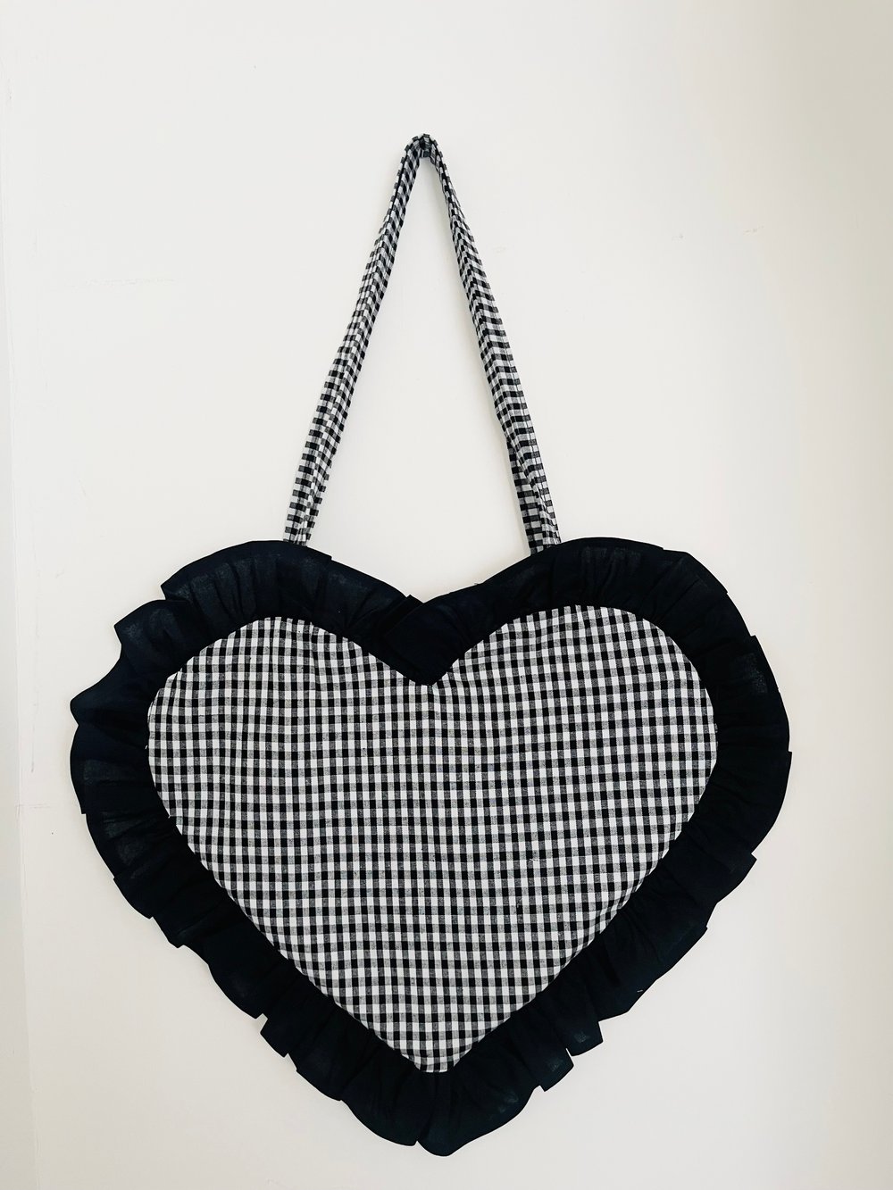Image of Black & White Gingham Heart Tote with Black Ruffle Edge – Y2K Cute Chic