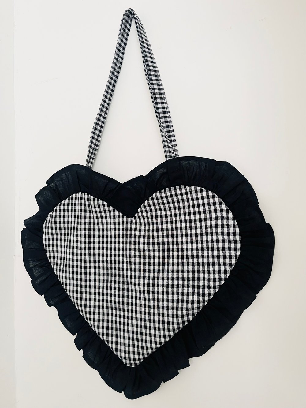 Image of Black & White Gingham Heart Tote with Black Ruffle Edge – Y2K Cute Chic